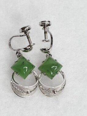 Vintage Sorrento Sterling Earrings Dangle Green Stone Filigree 3/4"